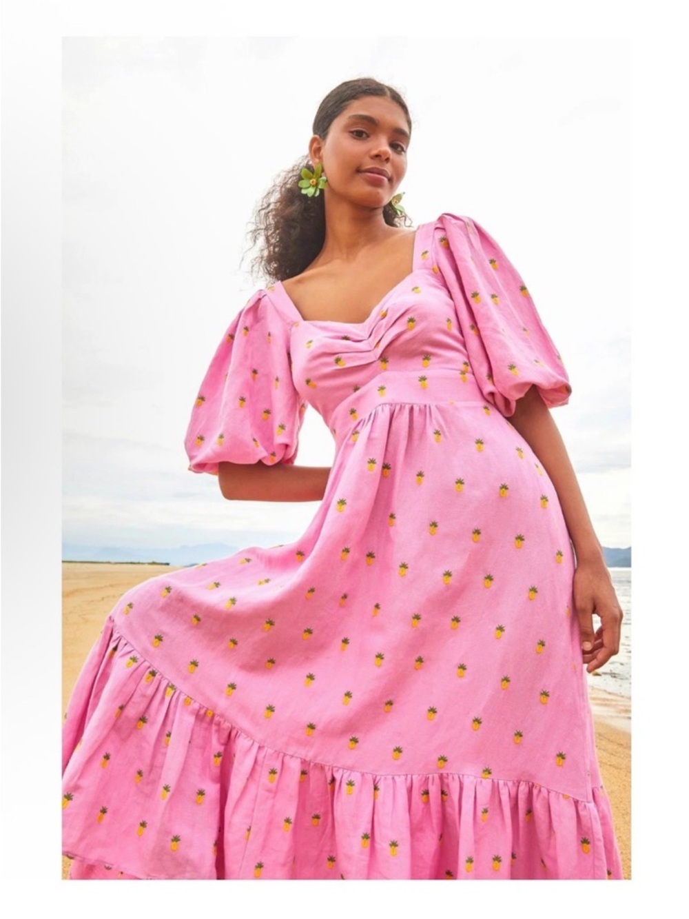 FARM RIO Embroidered Pineapples Pink Midi Ruffle Puff sleeve Dress Size Small